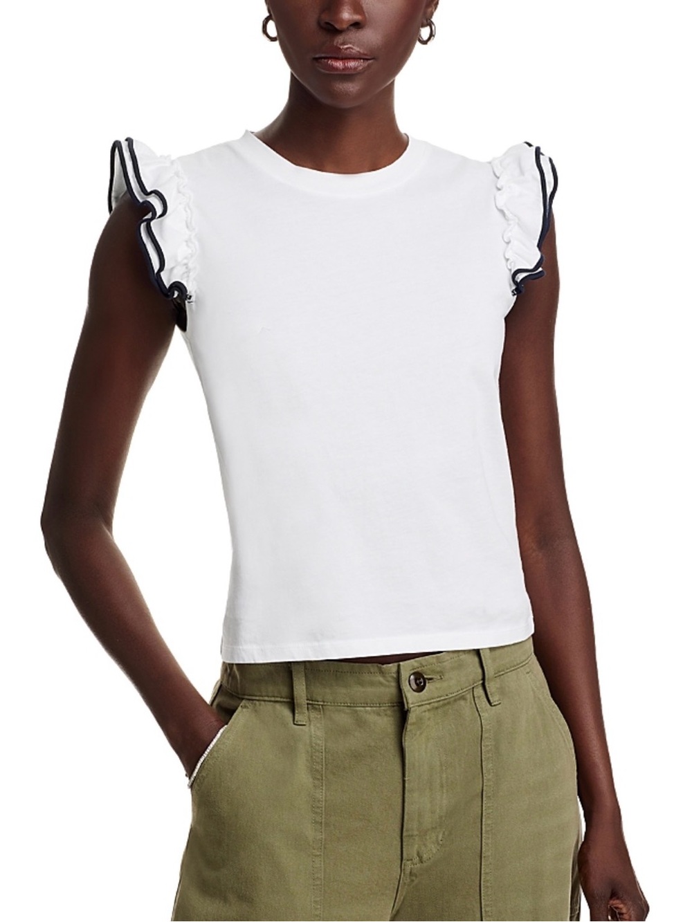 KULE Kiki Ruffle Sleeve Tank Top: 20.5” ptp; Navy & White Crewneck, worn once